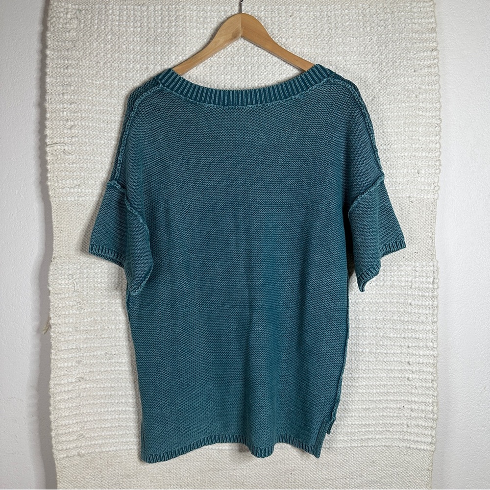 SUNDANCE teal blue short sleeve v-neck Much Loved chunky knit sweater MEDIUM - Picture 5 of 7